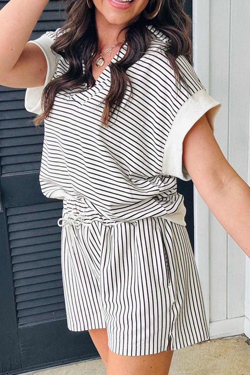 Stripe V Neck Tee and Casual Shorts Set