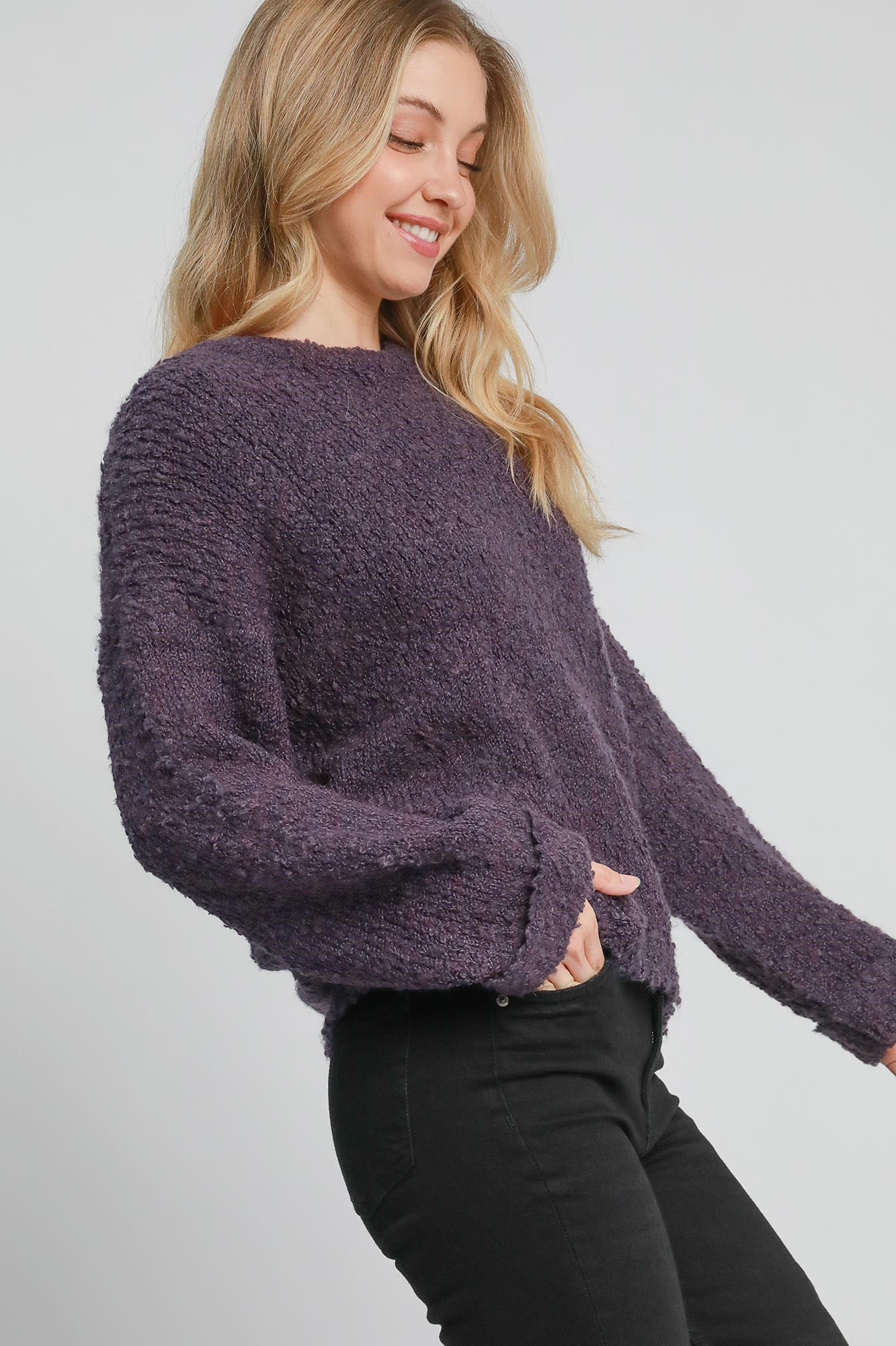 Umgee Full Size Round Neck Long Sleeve Boucle Sweater Plus Size