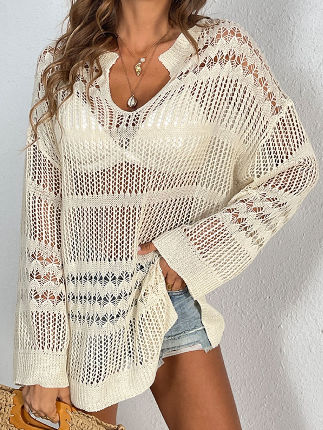 Openwork Notched Long Sleeve Knit Cover Up view 2