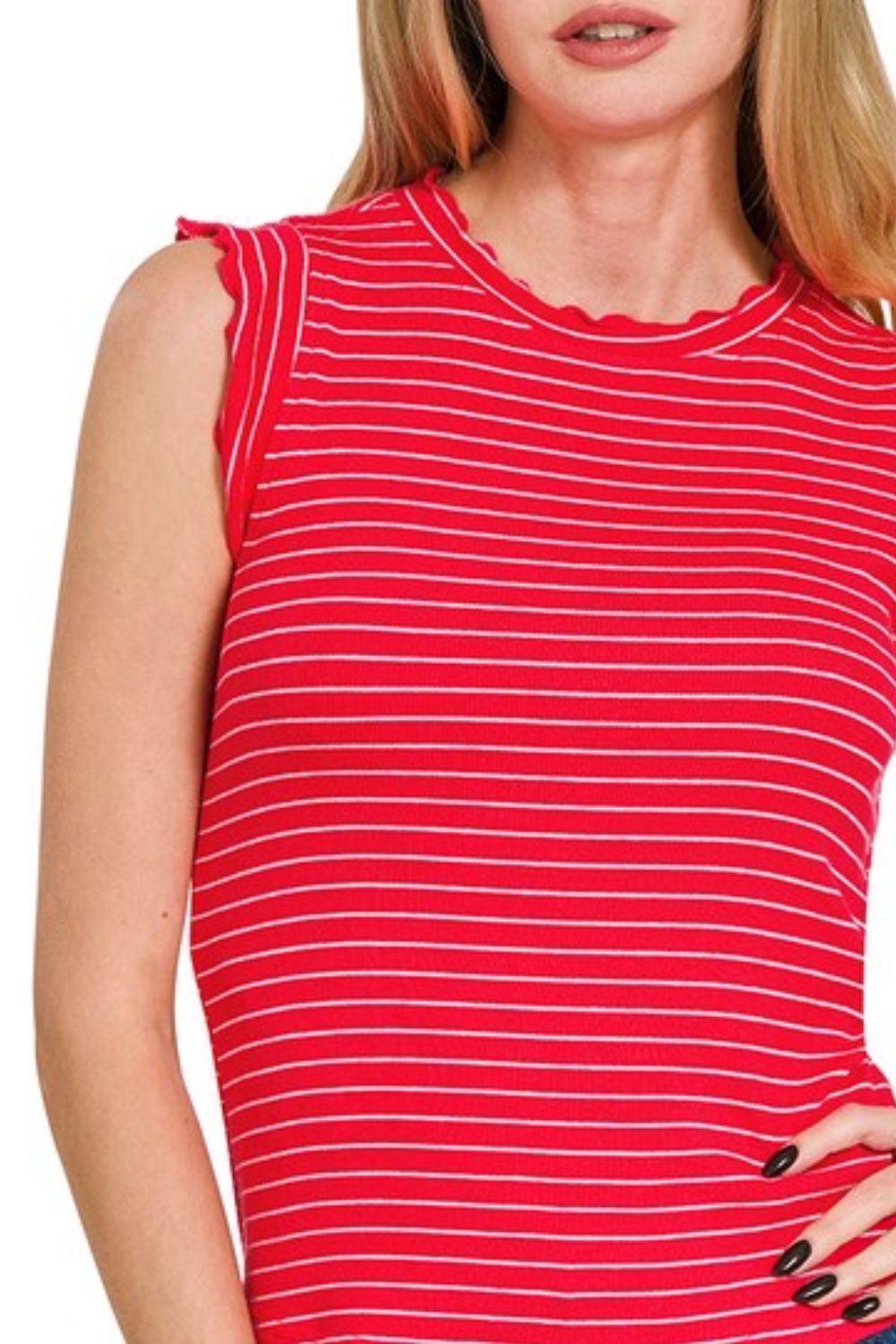 Ribbed Ruffle Trim Sleeveless Stripe Top