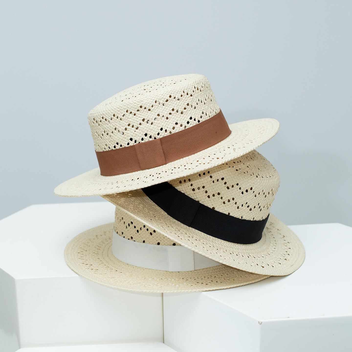 Woven Straw Boater Hat with Ribbon 1