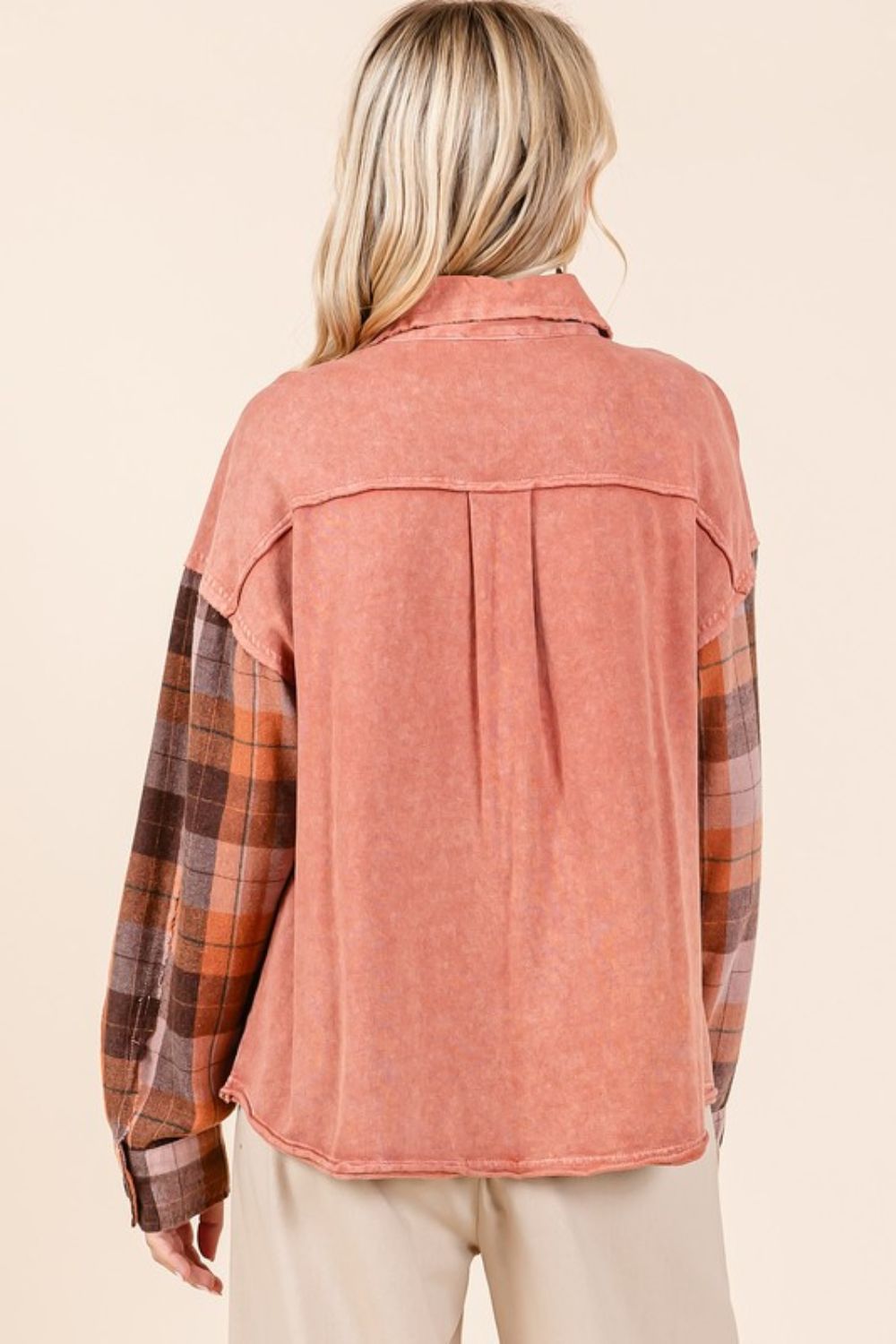 Button Down Contrast Plaid Patchwork Shacket