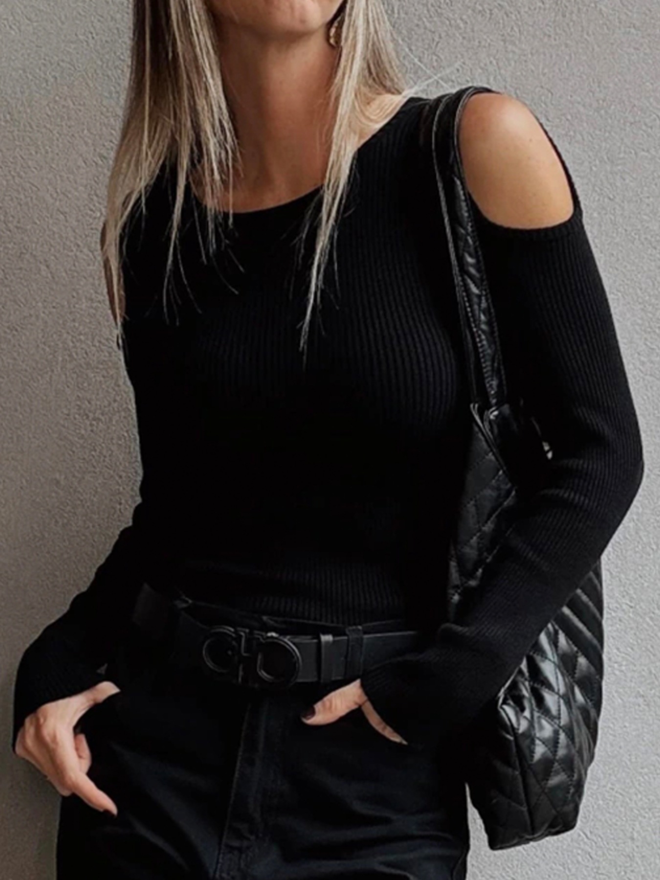 Ribbed Knit Cold Shoulder Sweater