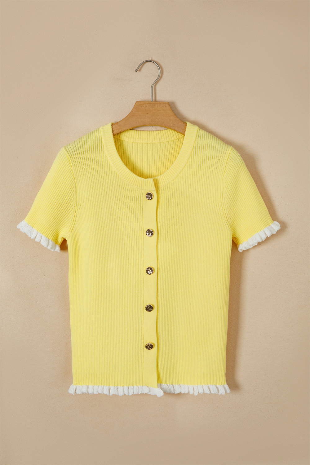 Ribbed Knit Contrast Frilled Short Sleeve Sweater Cardigan view 5