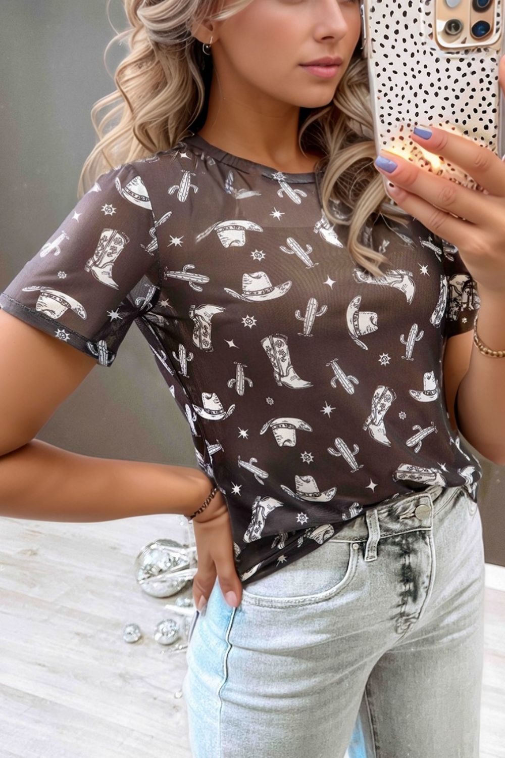 Western Pattern Mesh Sheer Crew Neck Top