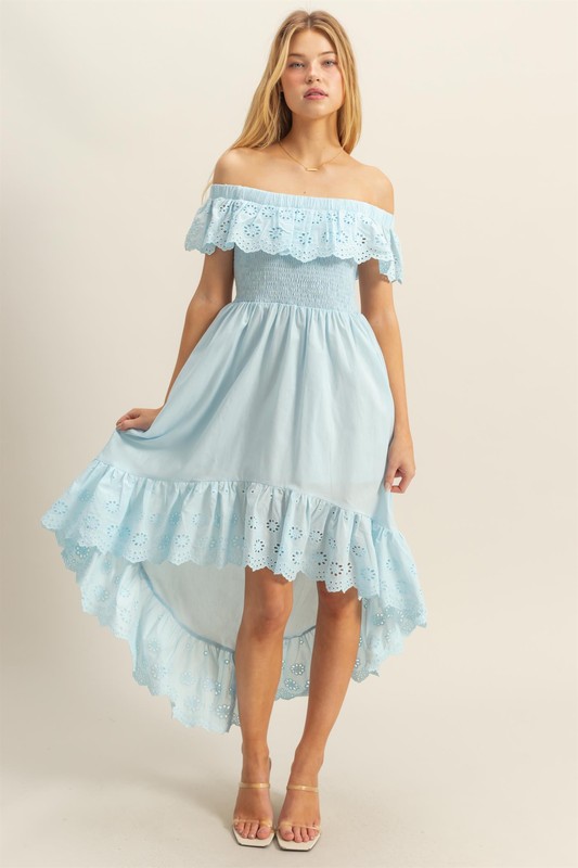 High-Low Eyelet Ruffled Off-Shoulder Dress