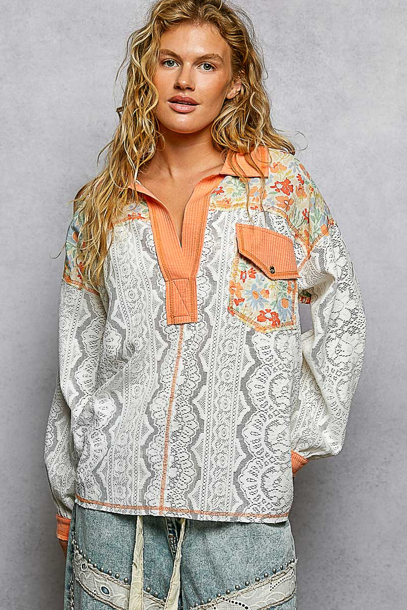 Floral Print Long Sleeve Lace Shirt with Front Pocket