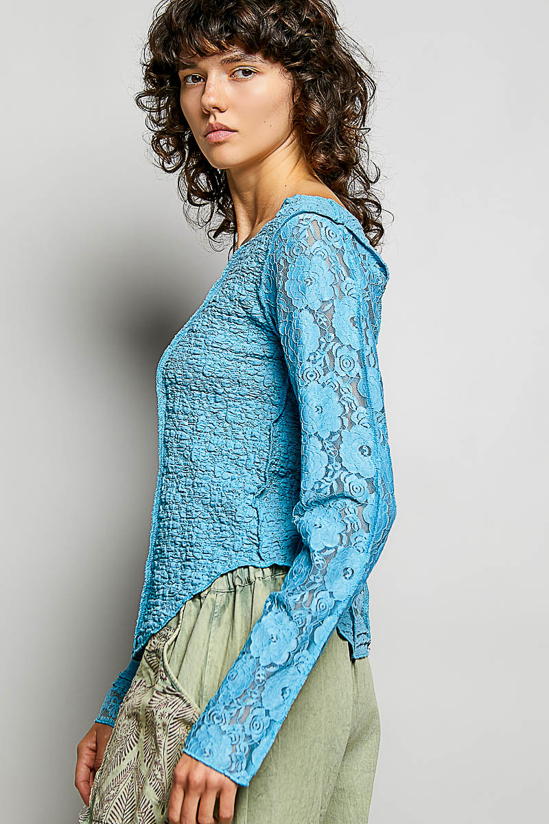 Round Neck Long Sleeve Exposed Seam Top with Lace Detail