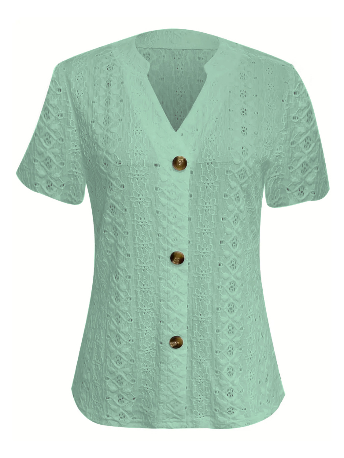 Openwork Notched Short Sleeve Top