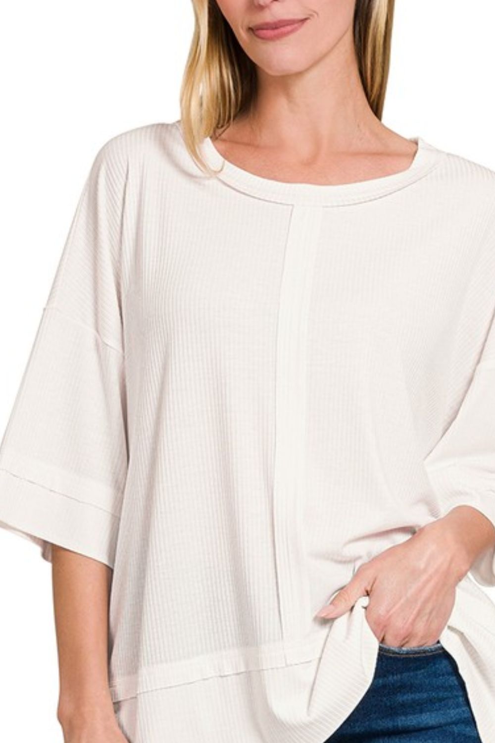 Ribbed Boat Neck 3/4 Sleeve Top