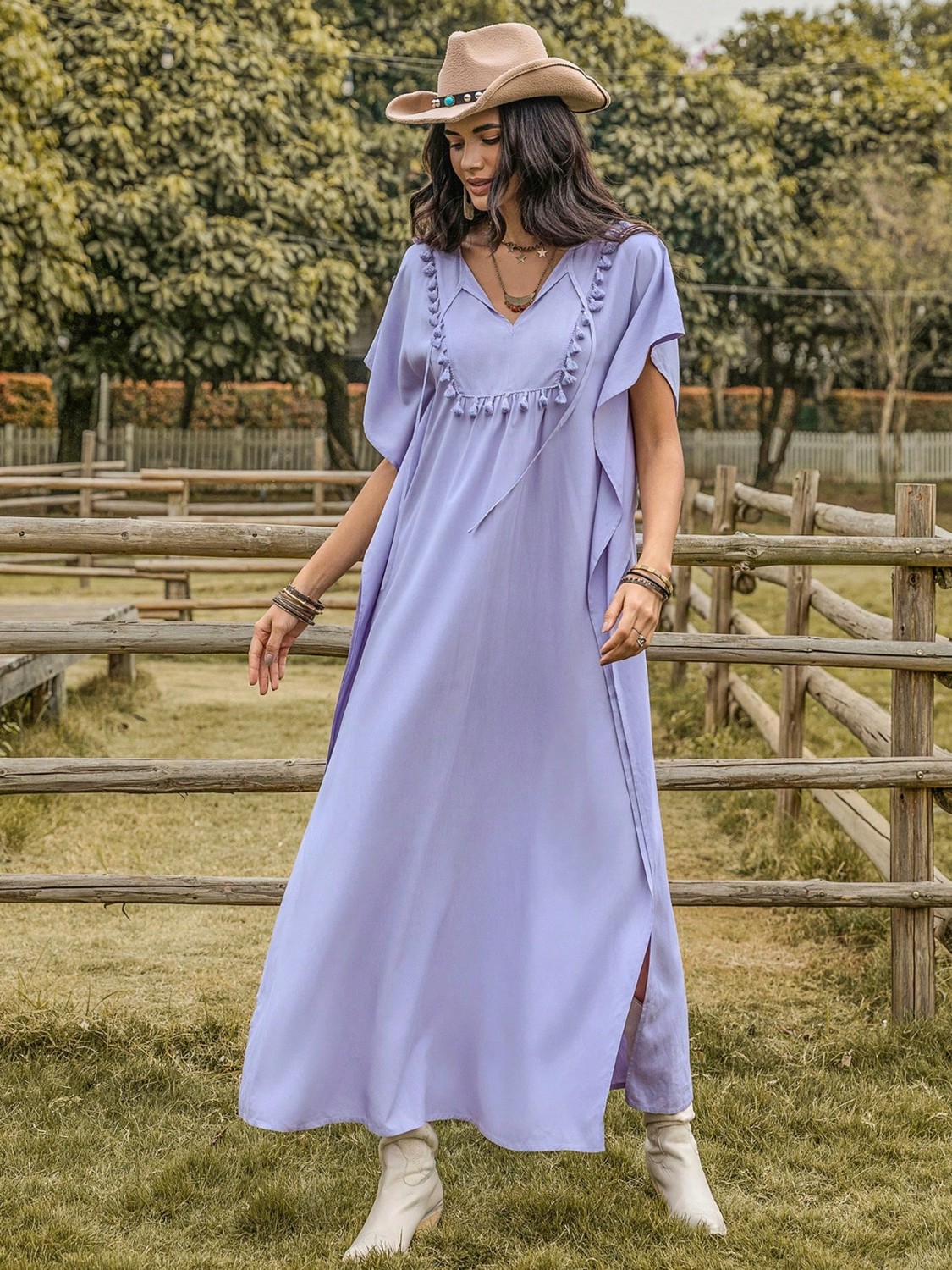 Side Slit Tie Neck Flutter Sleeve Dress