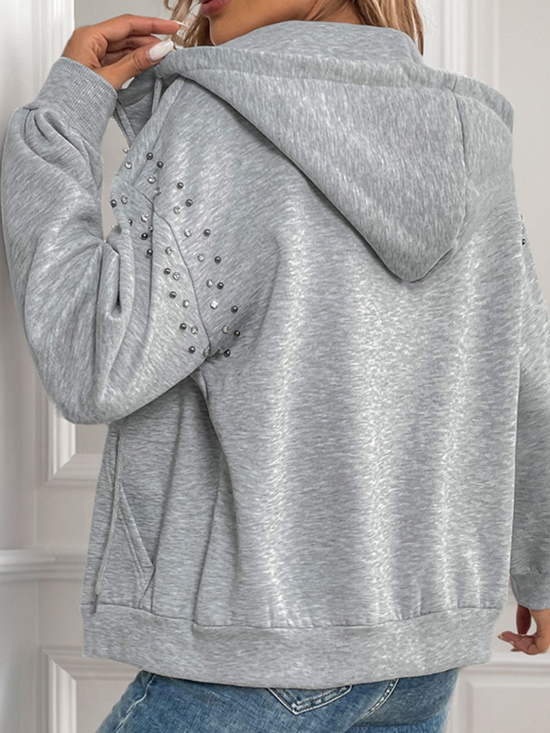 Rhinestone Zip Up Long Sleeve Hoodie