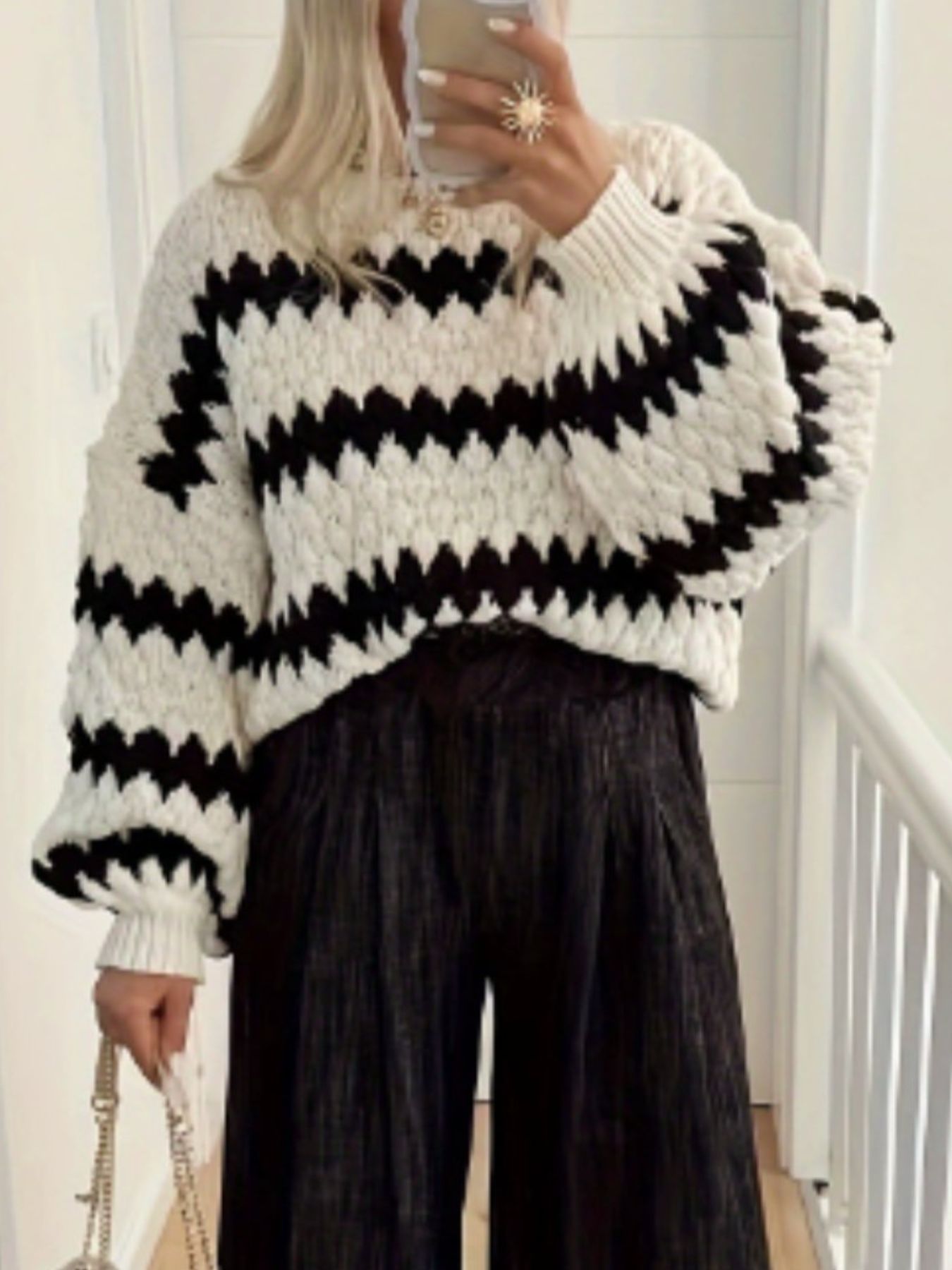 Striped Round Neck Dropped Shoulder Sweater