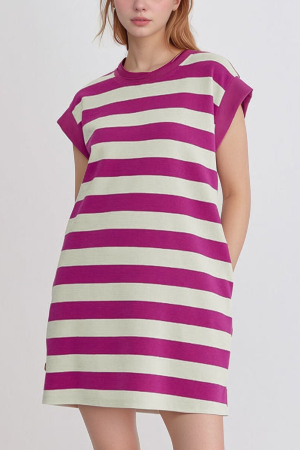 Stripe Cap Sleeve Pocketed Shift Tee Dress