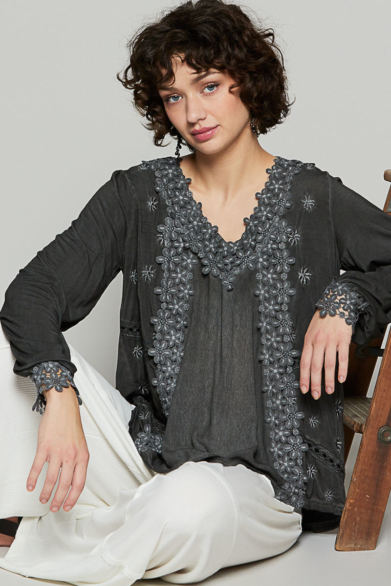 Floral Embroidery Woven Top with Lace Trim
