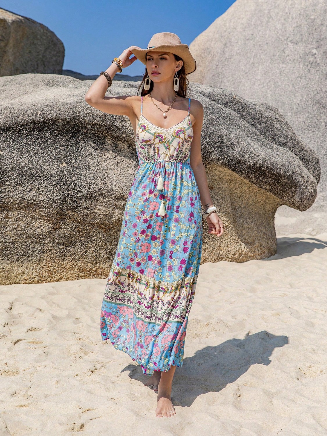 Tassel Floral Print Cami Dress