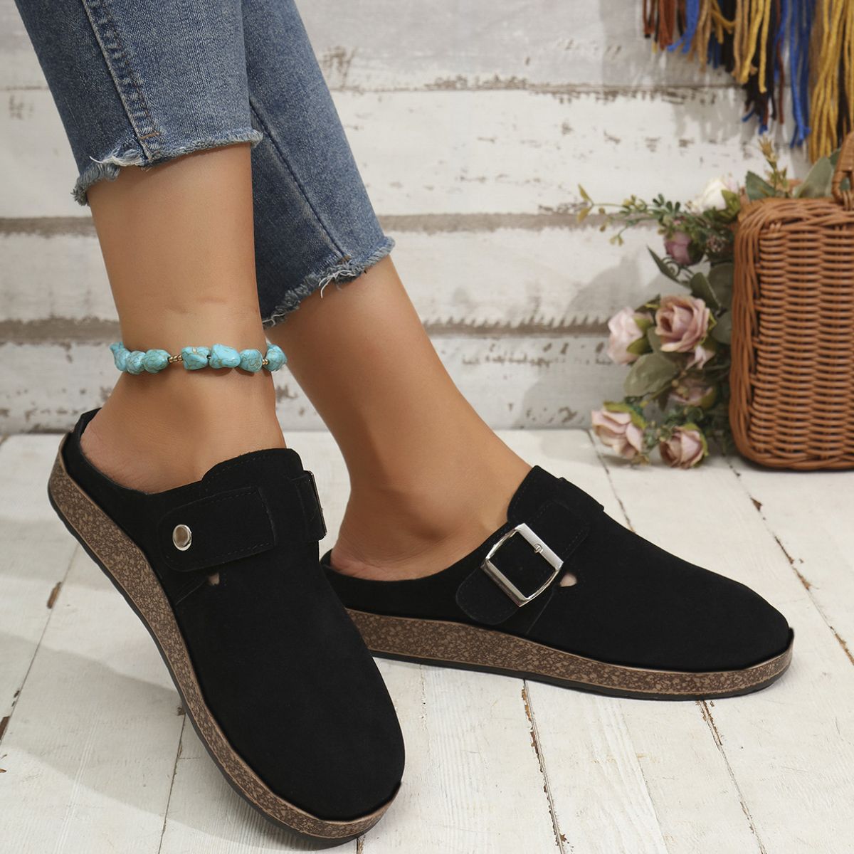 Suede Round Toe Buckle Slip-Ons