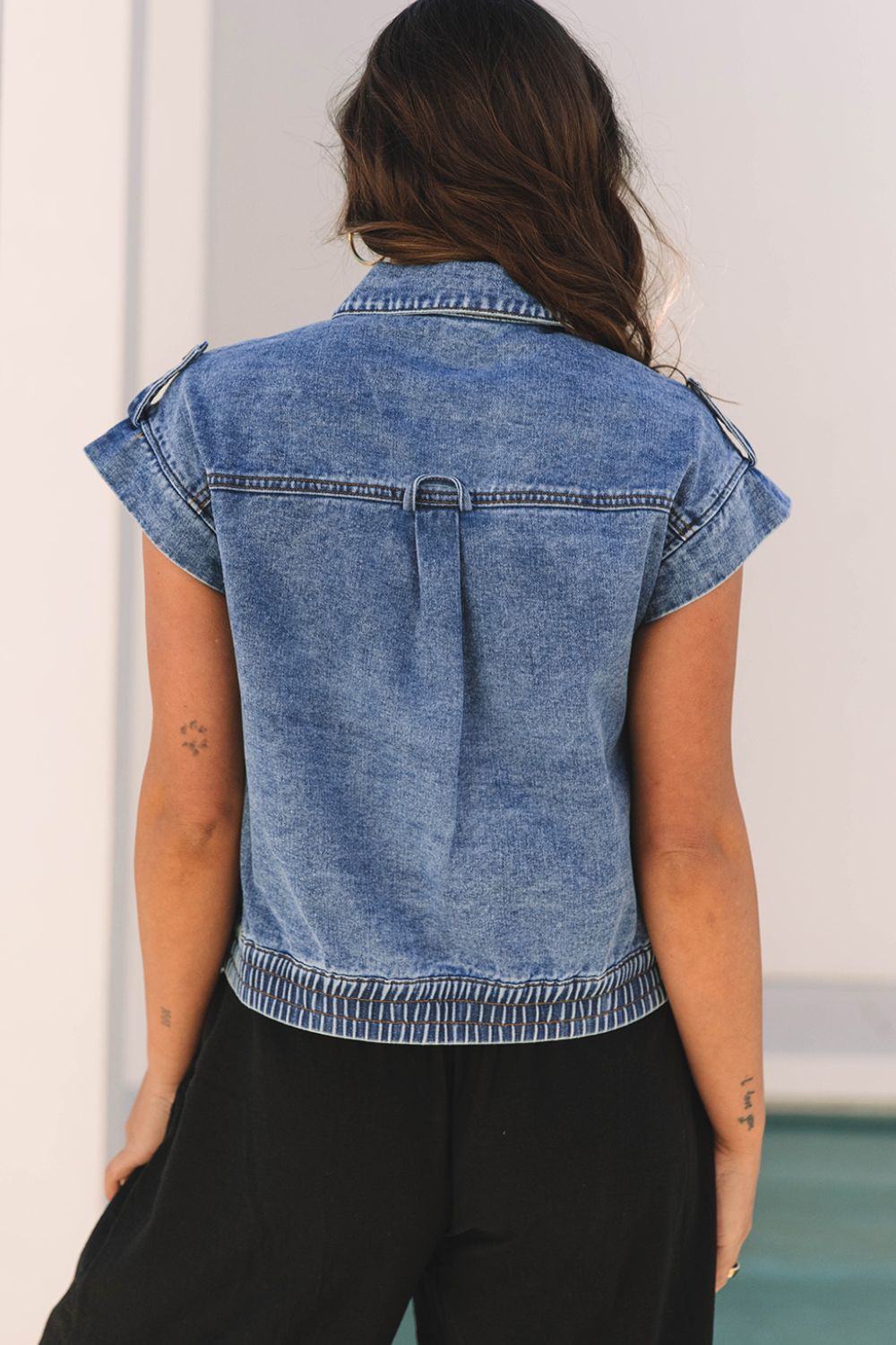 Button Up Cap Sleeve Denim Jacket