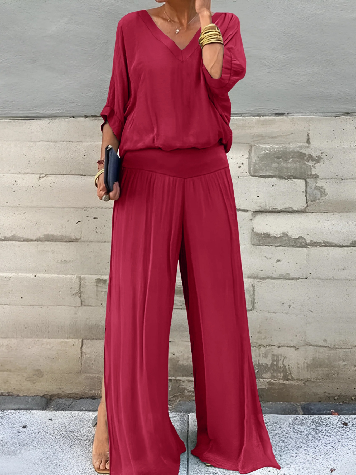 V-Neck Top and Wide Leg Pants Two-Piece Set