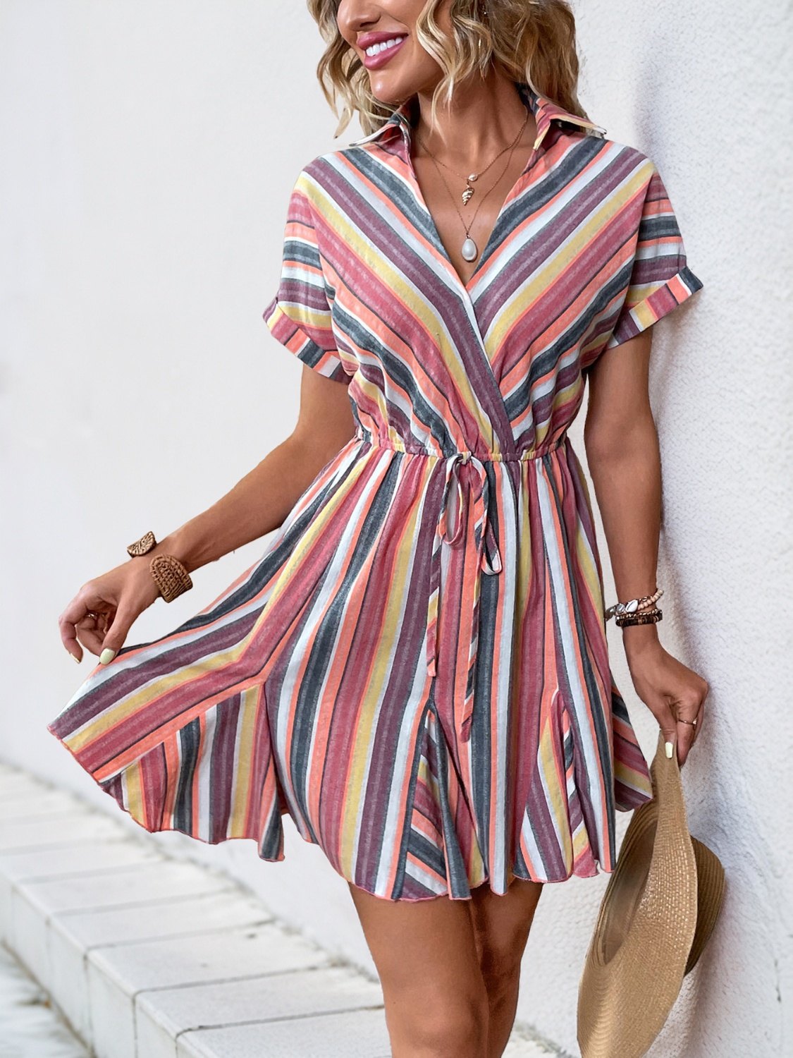 Striped Surplice Short Sleeve Dress