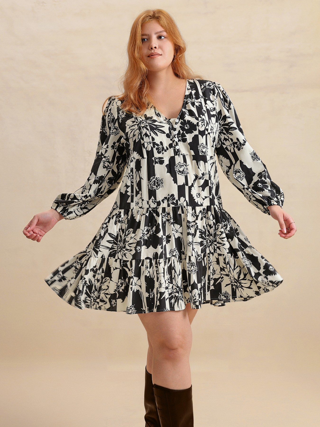 Plus Size Printed V-Neck Long Sleeve Mini Dress