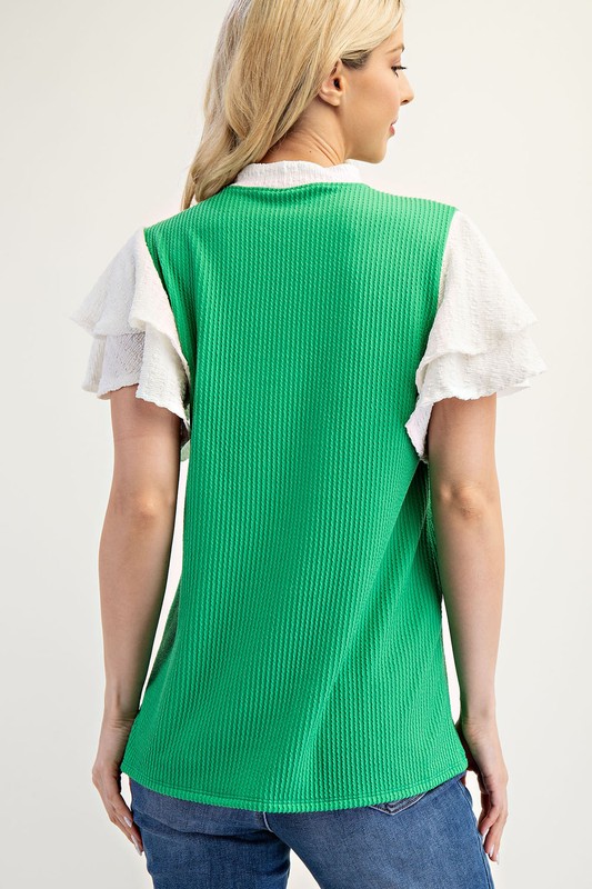 Full Size Solid Color Top with Ruffle Layered Sleeves Plus Size