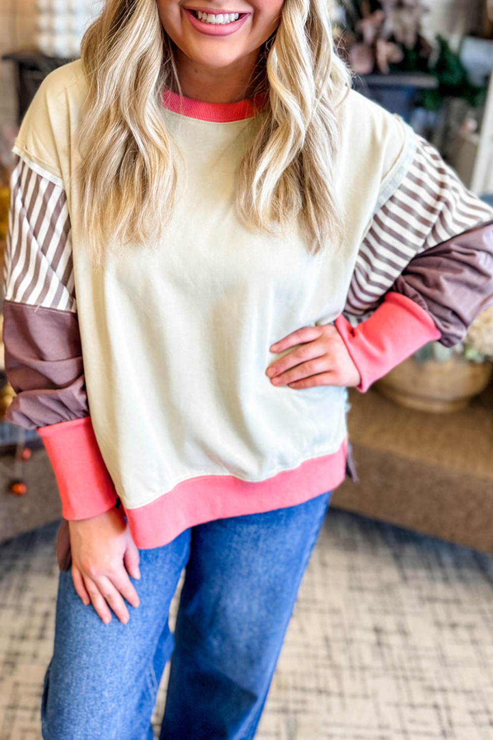 Color Block Striped Patchwork Dolman Slit Sweatshirt