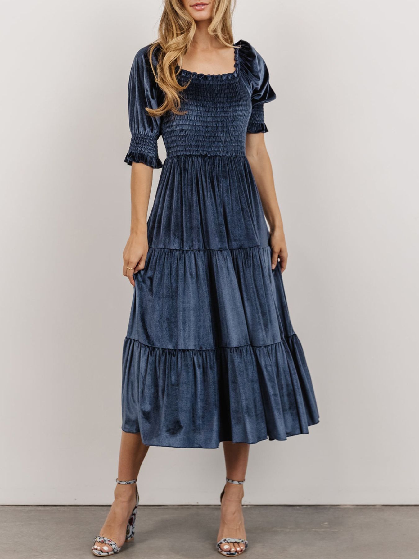 Smocked Half Sleeve Tiered Midi Dress