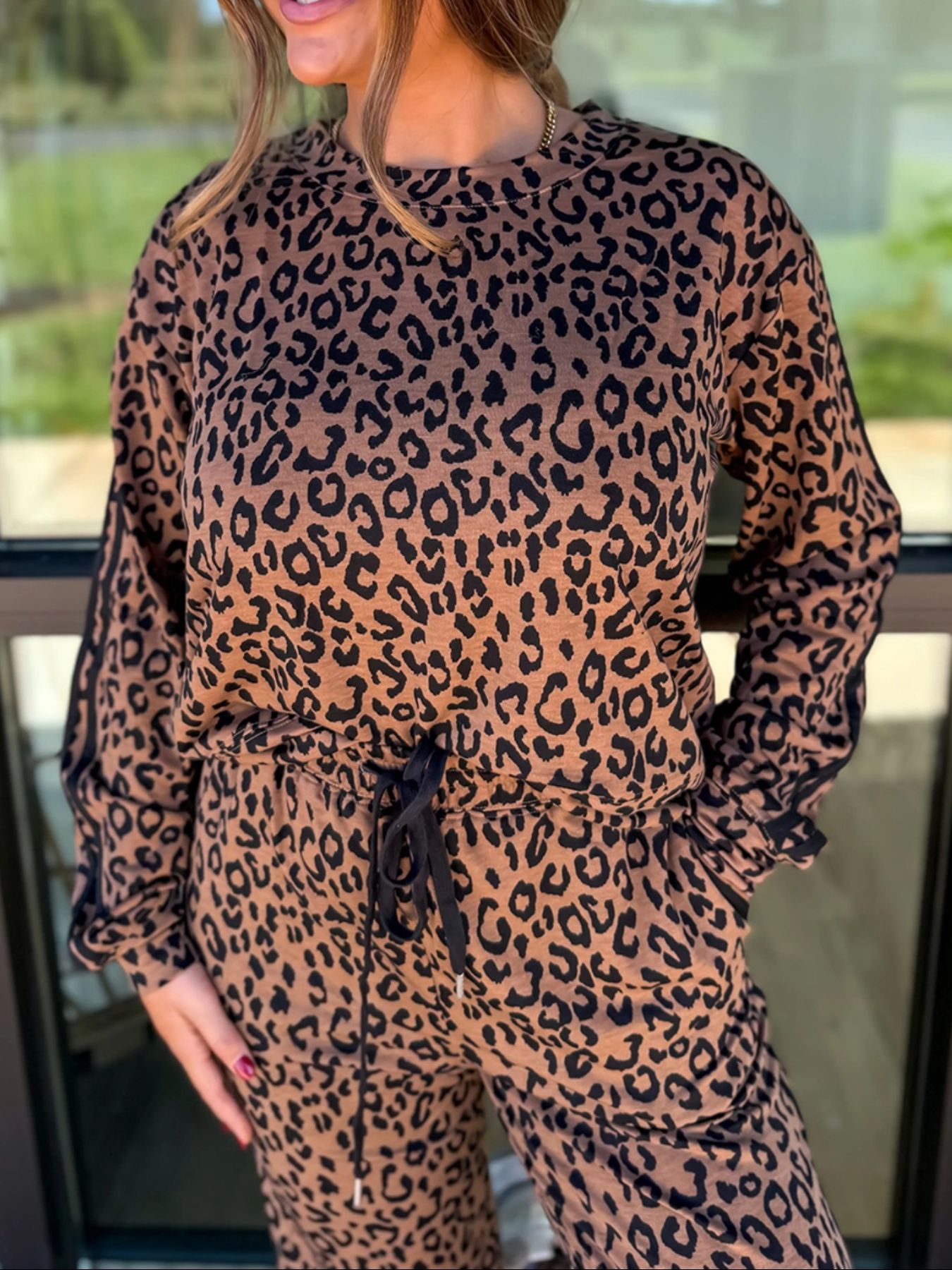 Striped Trim Leopard Long Sleeve Top Drawstring Pant Set