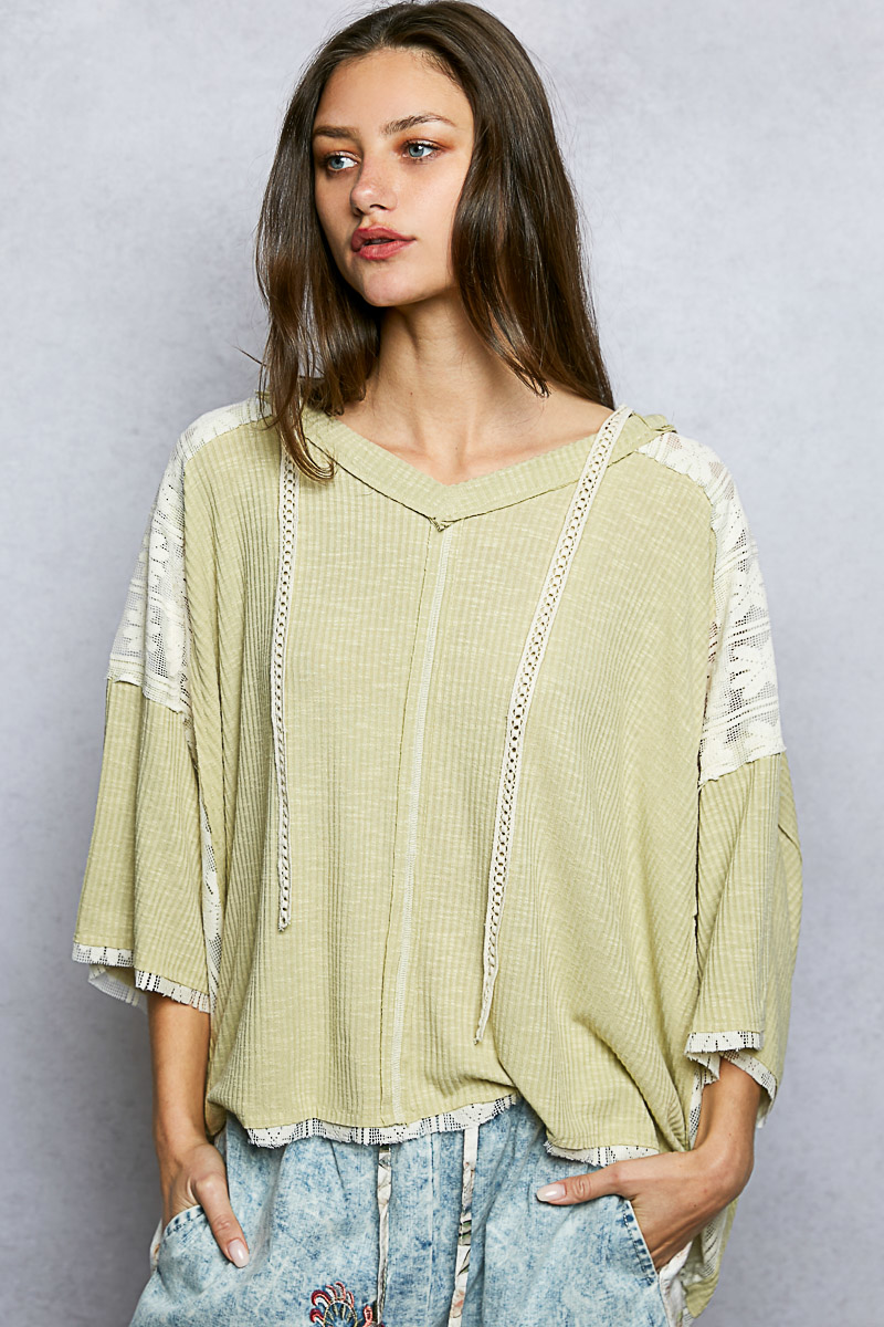 Short Sleeve Hoodie Top with Lace Detail