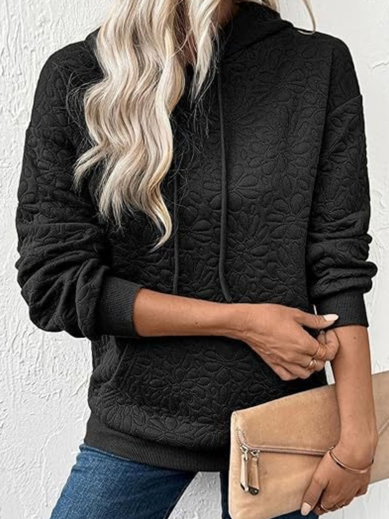 Textured Floral Quilted Hoodie