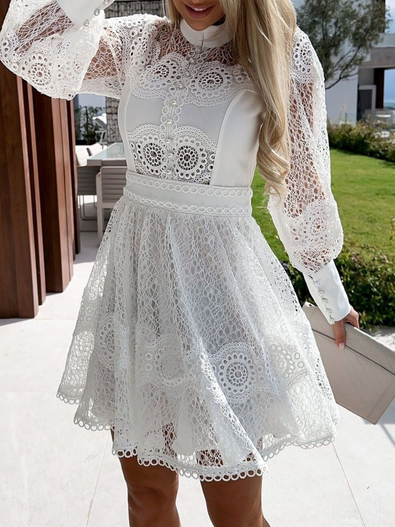 Lace Lantern Sleeve Mini Dress