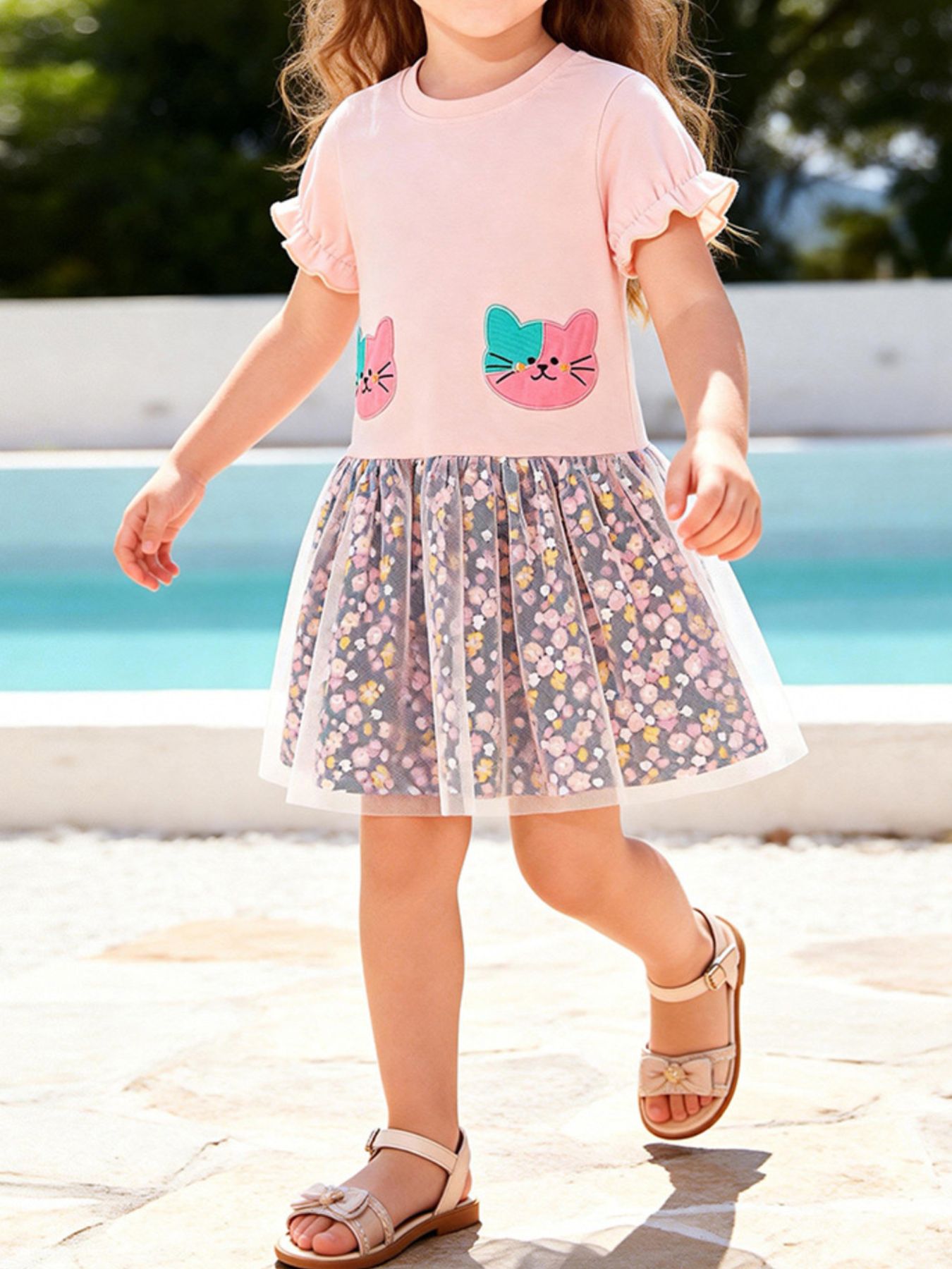 Children's Cat Embroidered Floral Tulle Dress 1