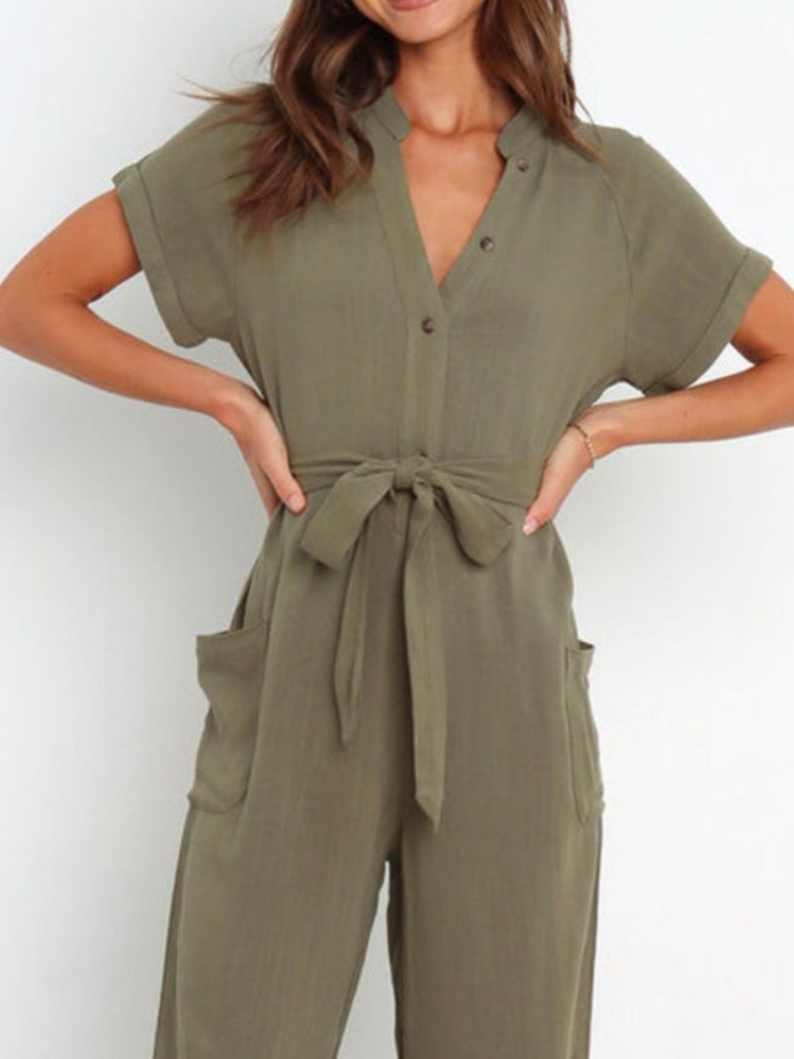 Notched Short Sleeve Tie Waist Jumpsuit