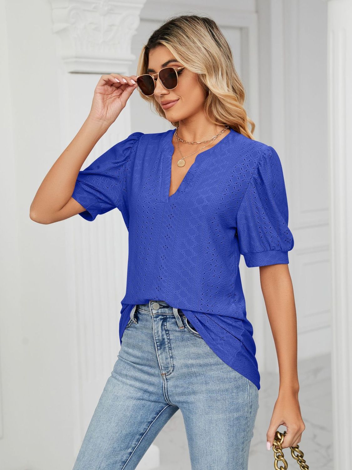 Eyelet Notched Short Sleeve T-Shirt