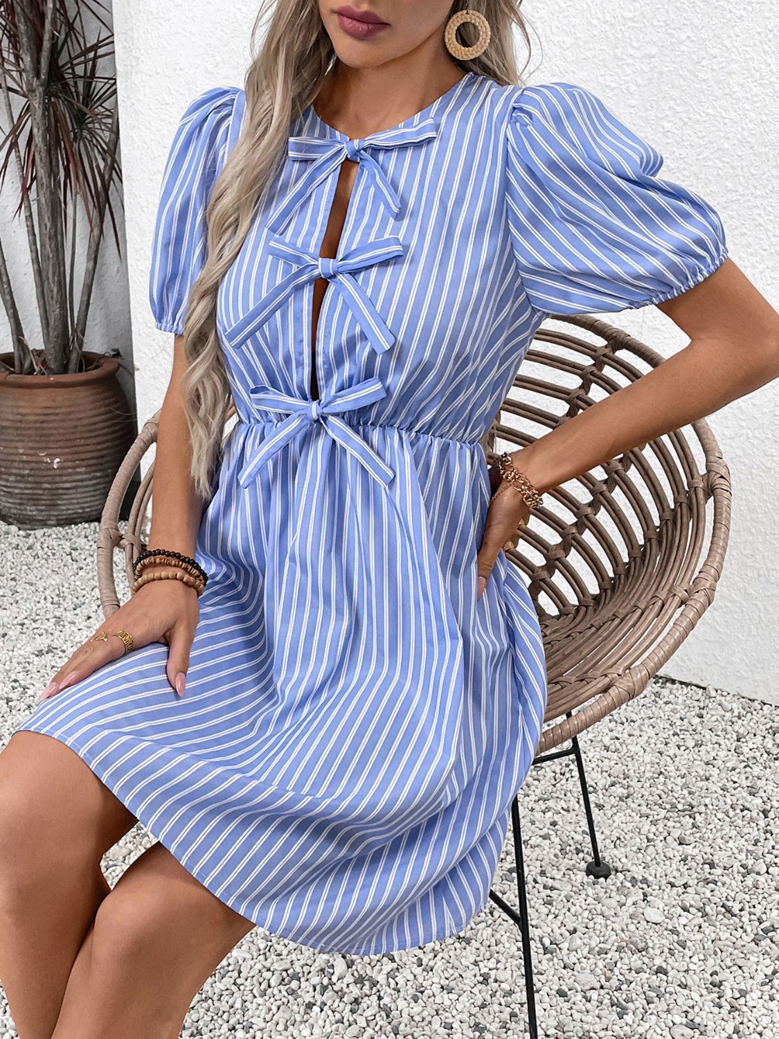 Tied Striped Short Sleeve Mini Dress
