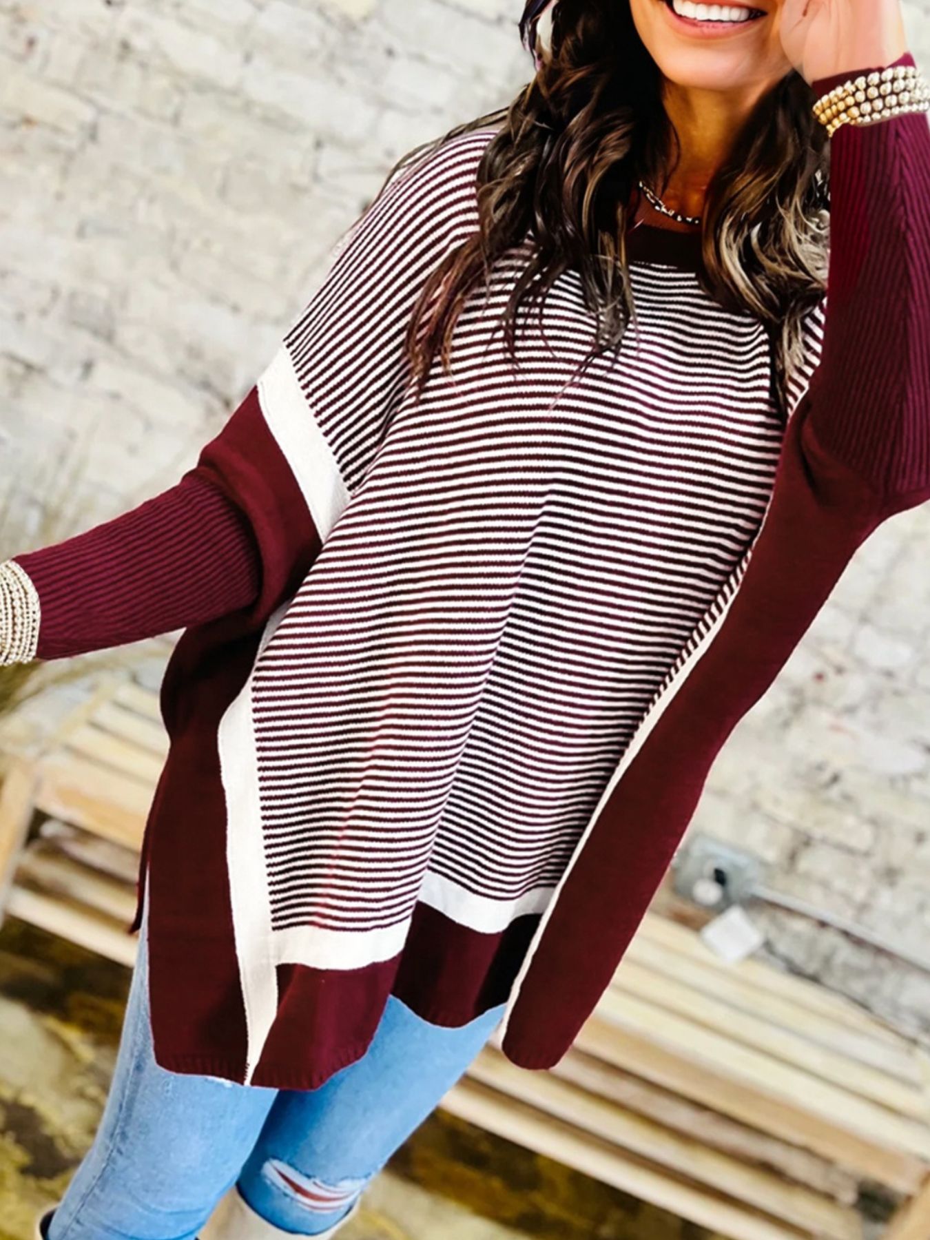 Stripe Color Block Patchwork Dolman Oversize Tunic Sweater