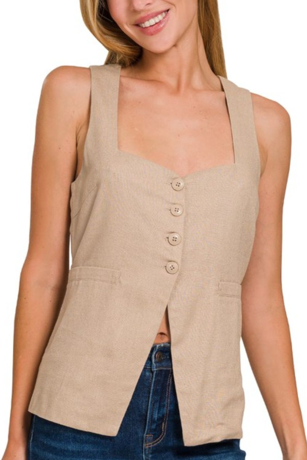 Linen Tie-back 4-button Vest with Lining