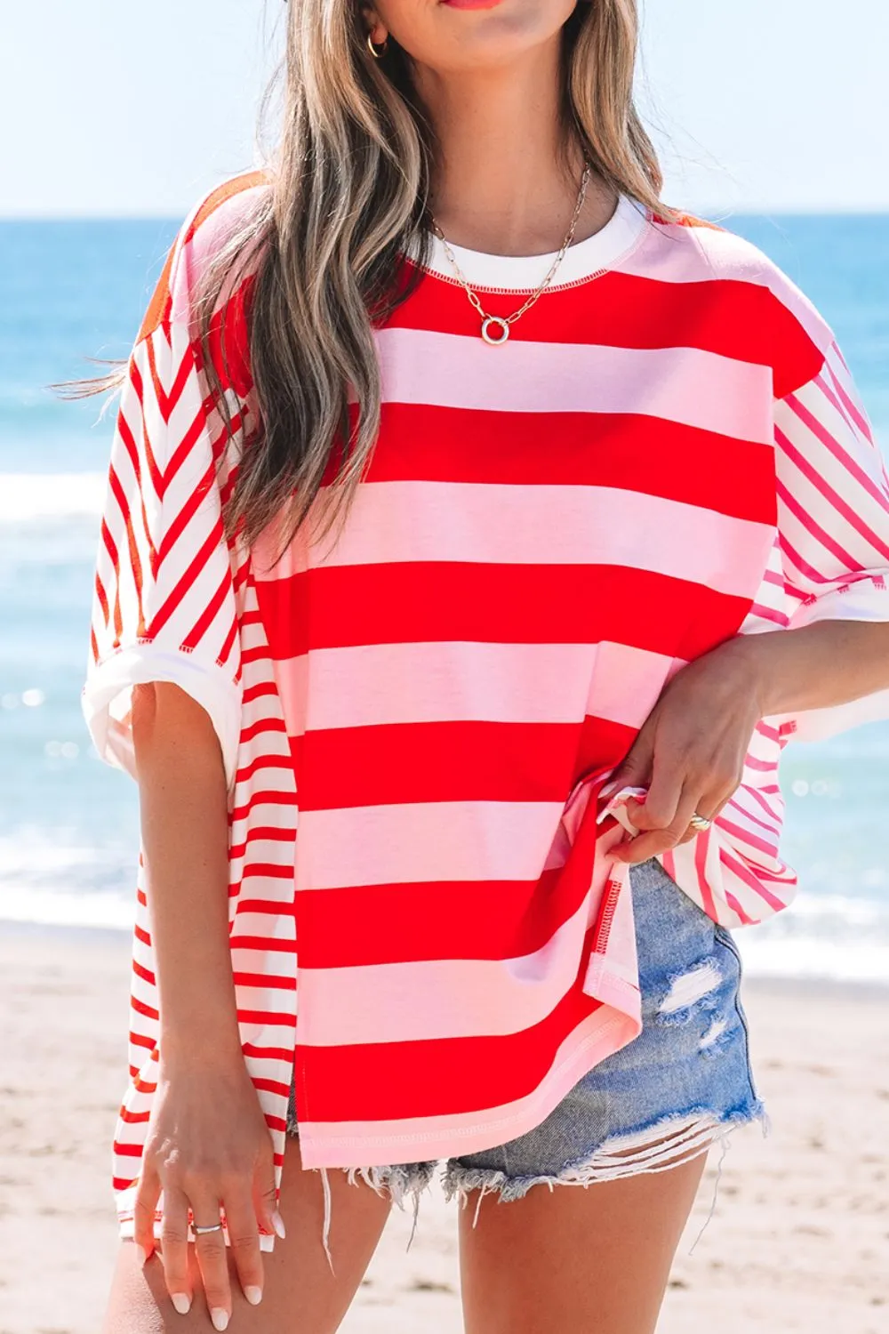 Stripe Side Slit Round Neck T-Shirt