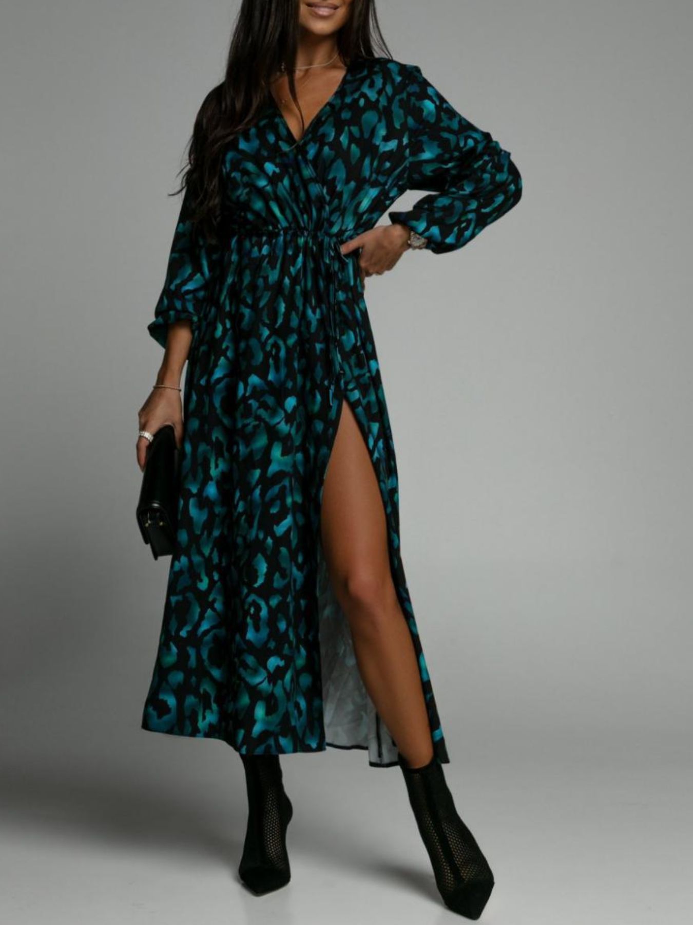 Printed Surplice Long Sleeve Midi Dress