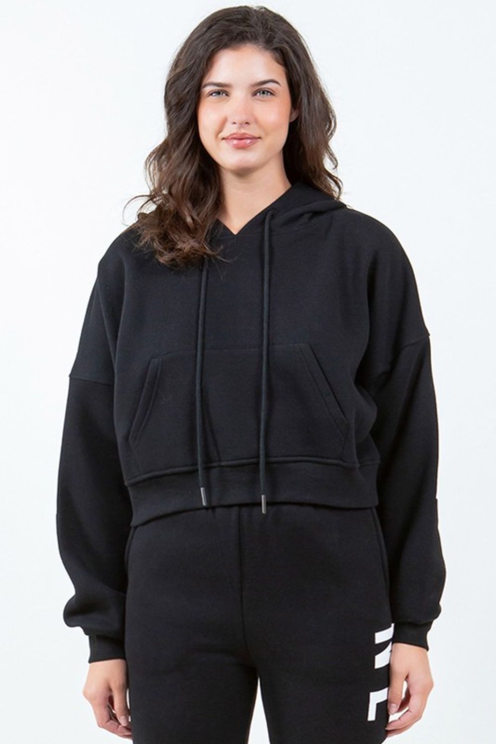 Letter Graphic Long Sleeve Drawstring Cropped Hoodie