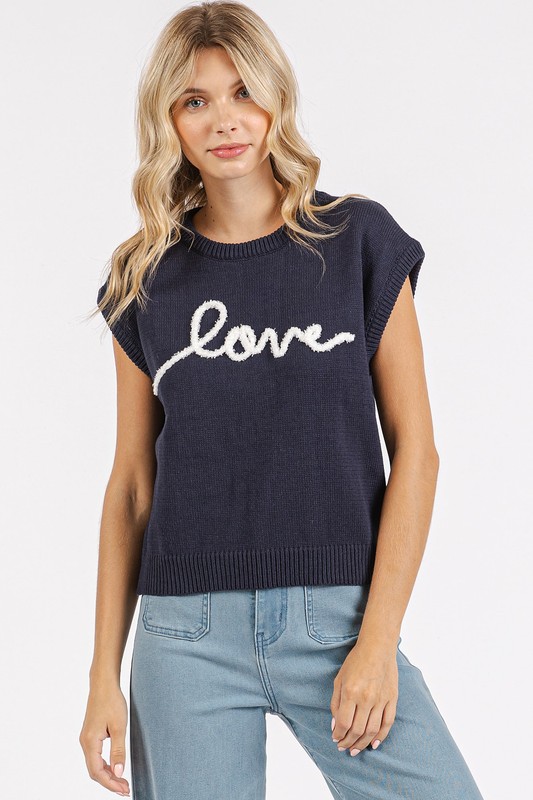 Contrast Letter Round Neck Cap Sleeve Knit Top