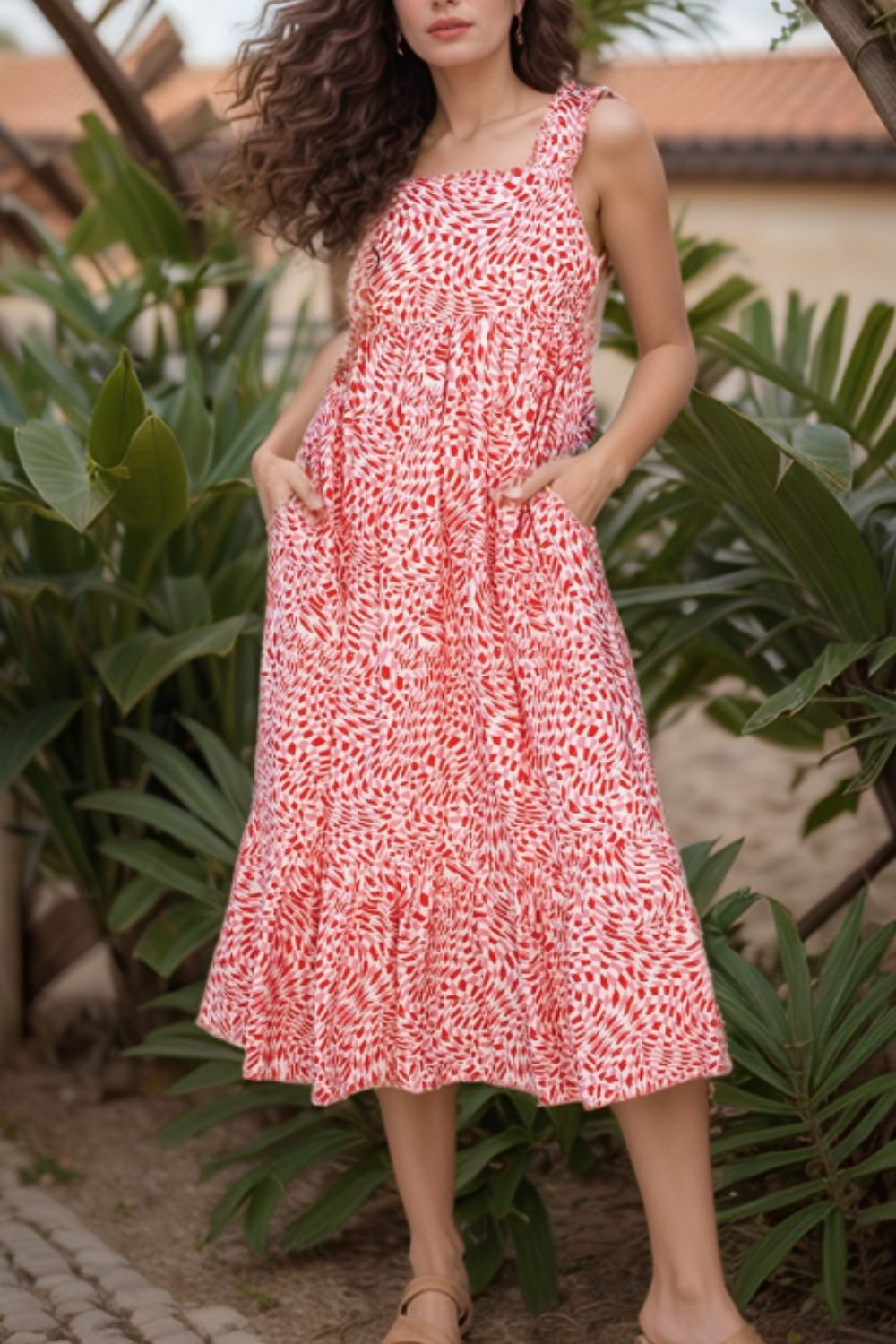 Geometric Print Knot Back Sleeveless Ruffle Hem Dress