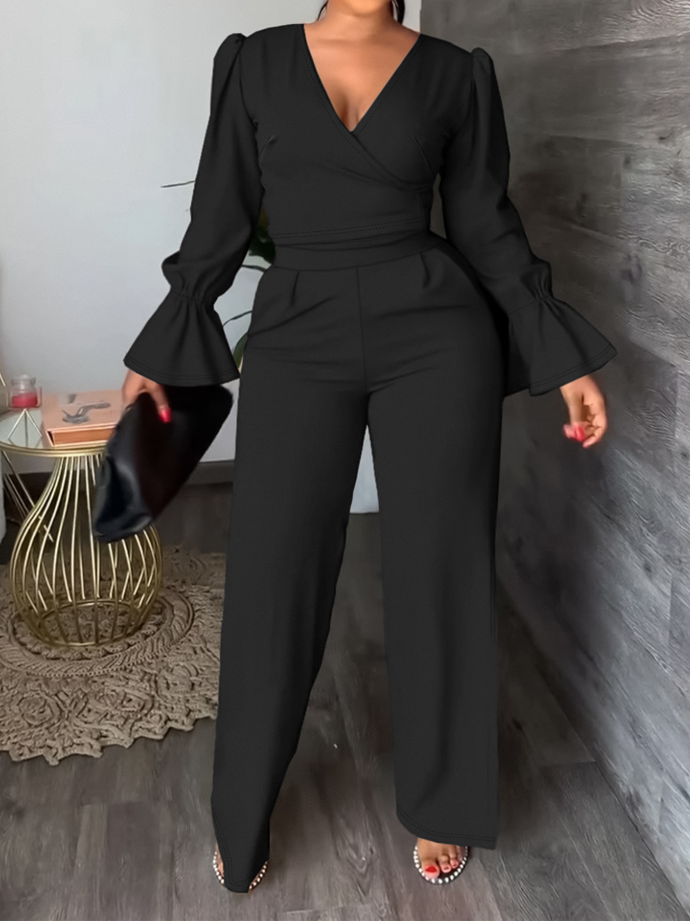 Plus Size Flounce Sleeve Top and Pants Set