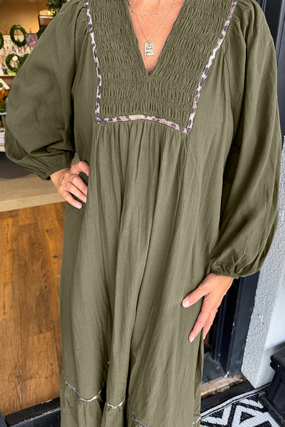 Collared V Neck Smocked Detail Contrast Leopard Trim Dress