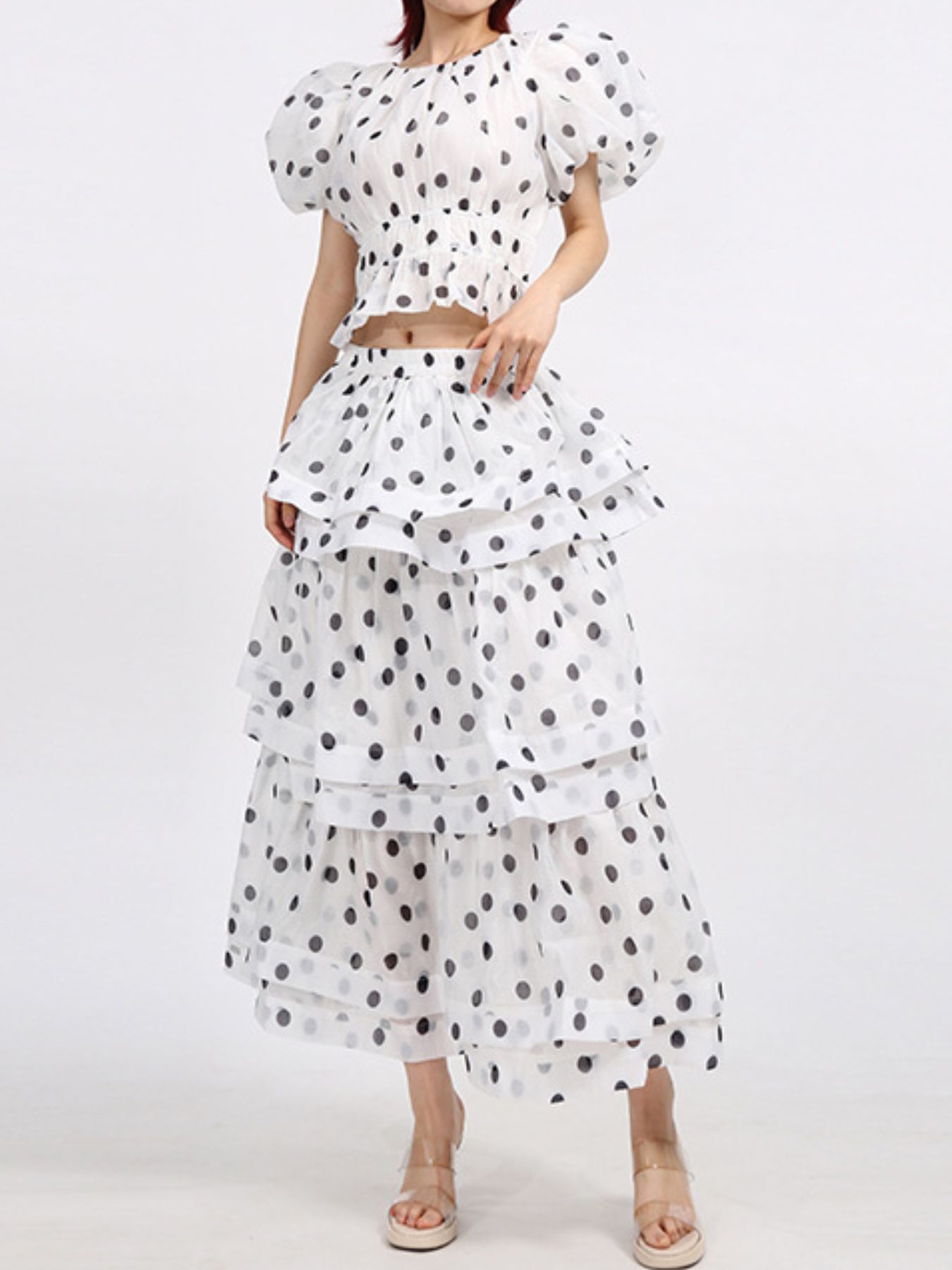 Polka Dot Puff Sleeve Top and Skirt Set