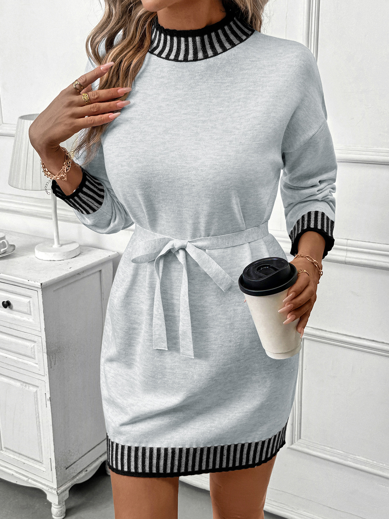 Striped Trim Tie Waist Sweater Dress