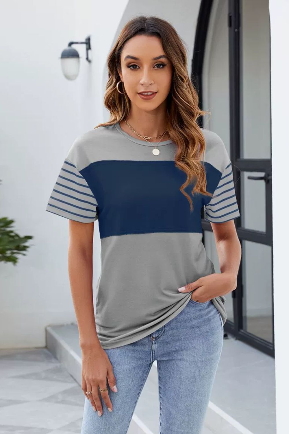 Color Block Round Neck Short Sleeve T-Shirt