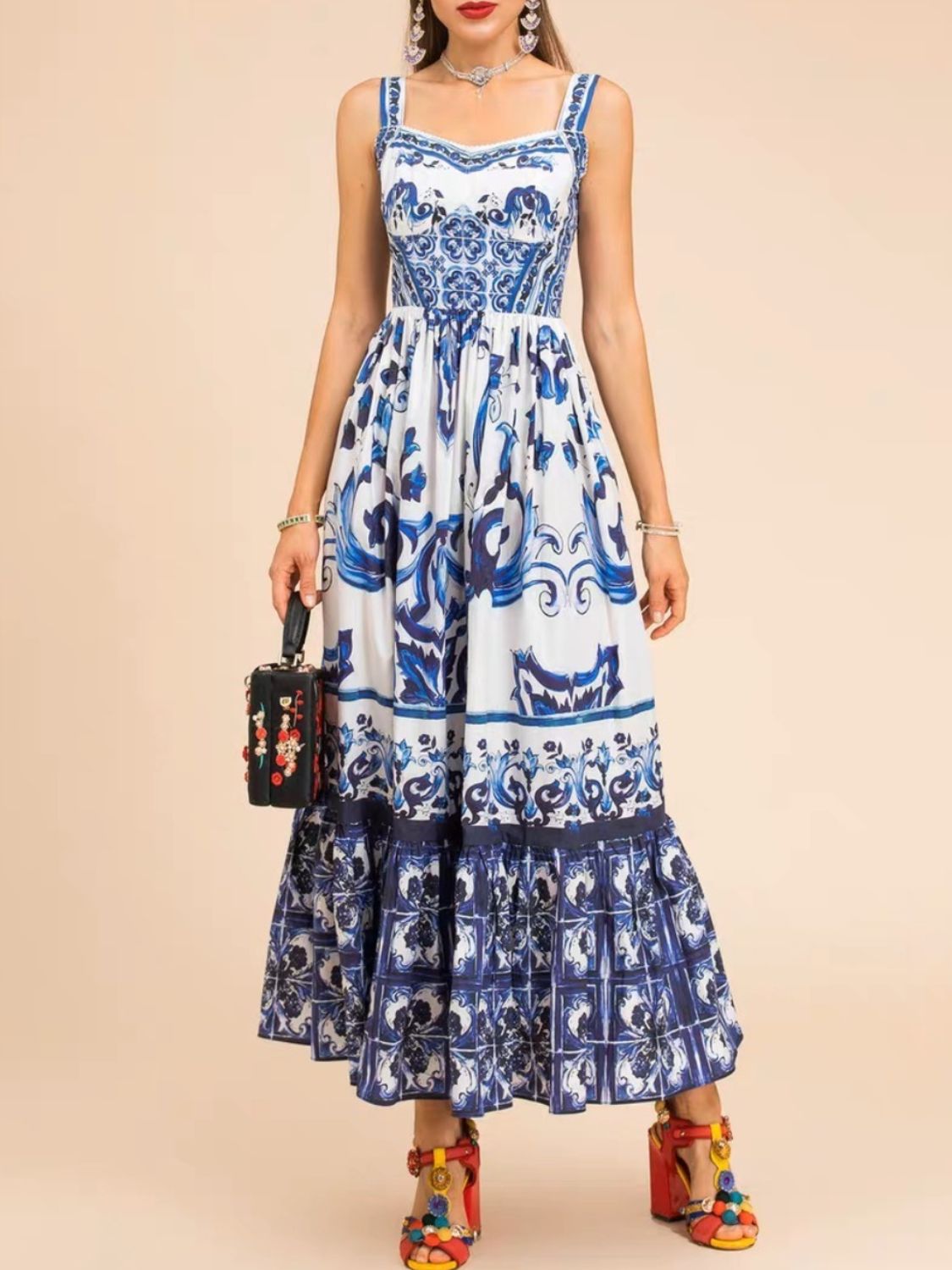 Smocked Printed Wide Strap Dress