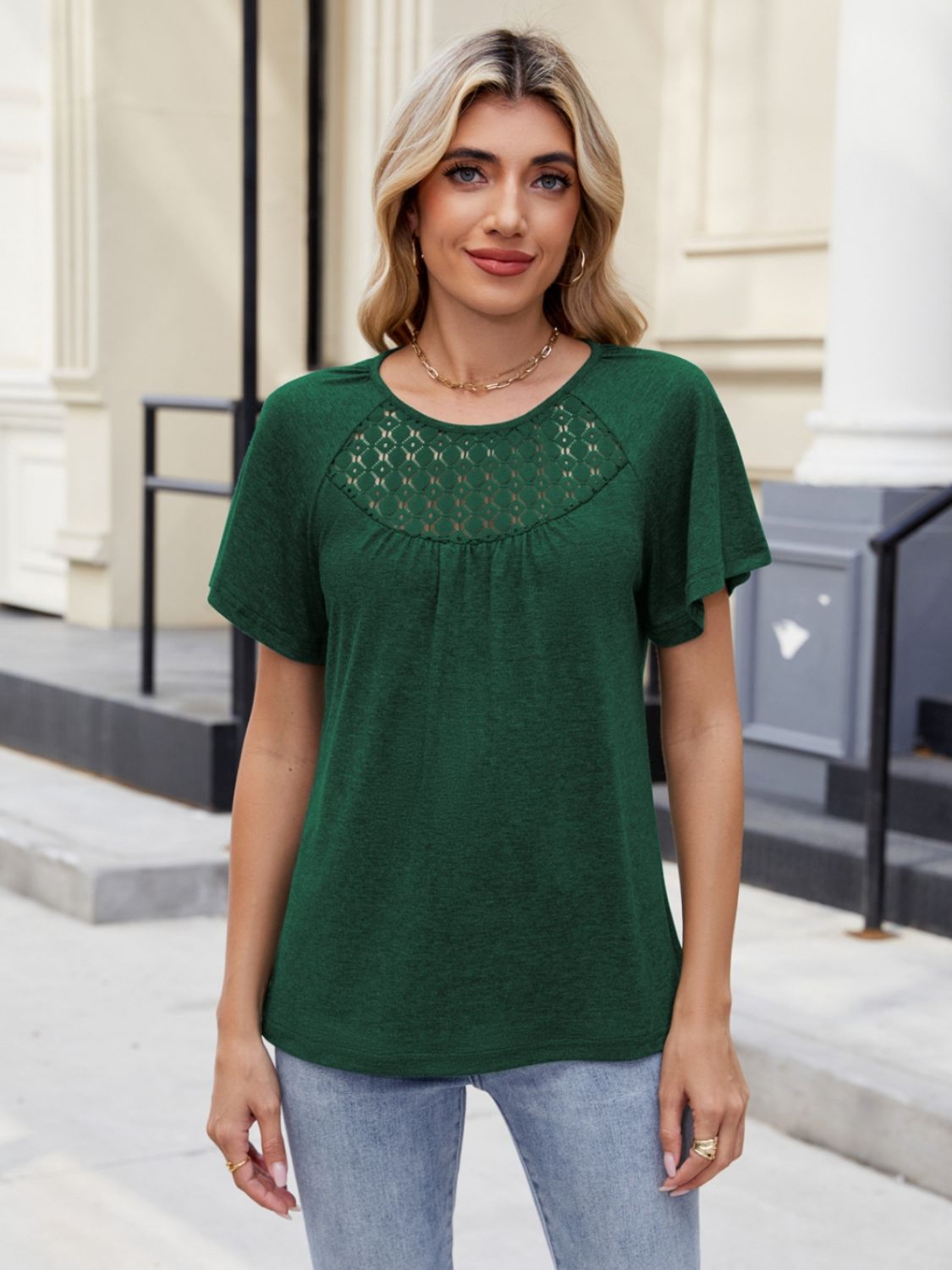 Lace Detail Round Neck Short Sleeve Blouse